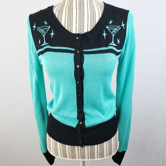 Voodoo Vixen Sweaters - Voodoo Vixen Lightweight Cardigan Fitted Embroidered Pinup Rockabilly Retro sz M